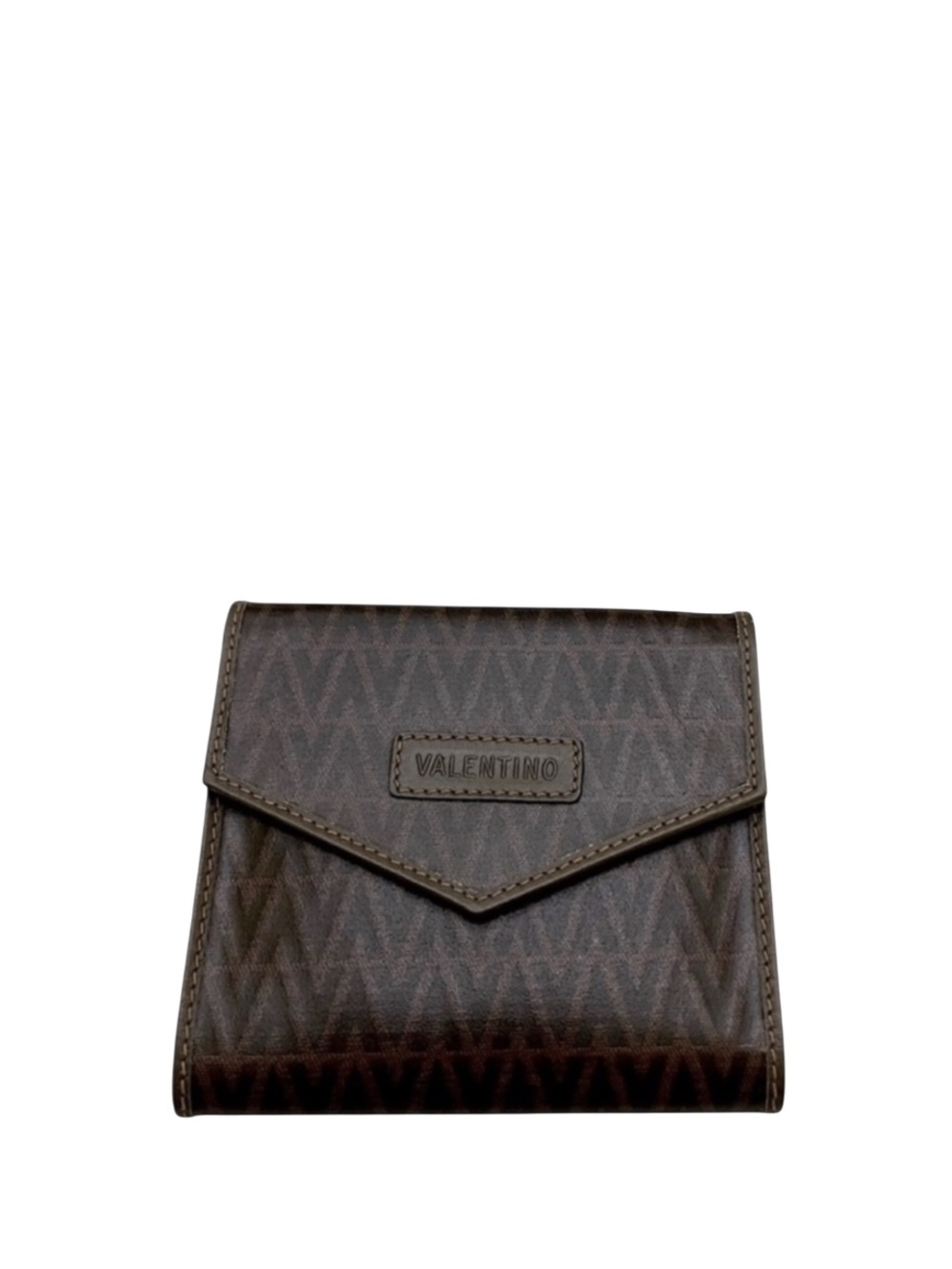 MARIO VALENTINO - BROWN PVC LEATHER MONOGRAM COMPACT TRIFOLD SNAP WALLET